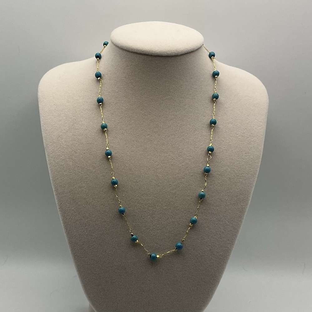 18K Gold Plated Brass Turquoise Blue Beaded Station Necklace 30" Waterproof NWOT